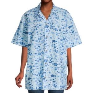Ganni Blue Floral Print Button Front Short Sleeve Shirt